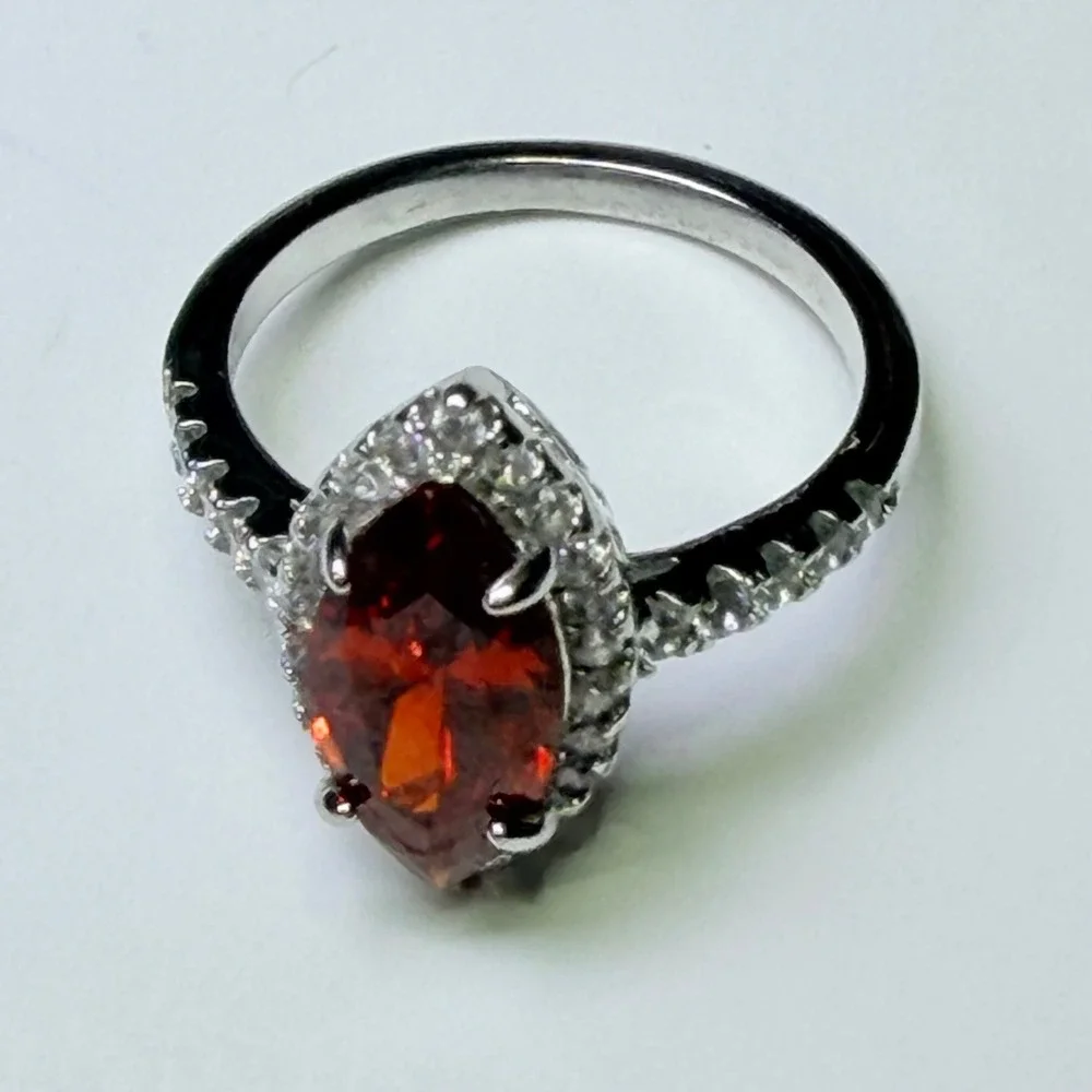 Marquise Cut Red Gemstone Halo Ring Silver Tone Pavé Band Statement Jewelry